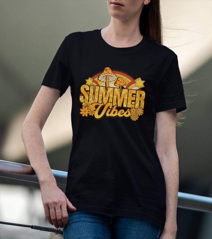 Groovy Summer Vibes With Mushroom And Flower Rainbow T-Shirt