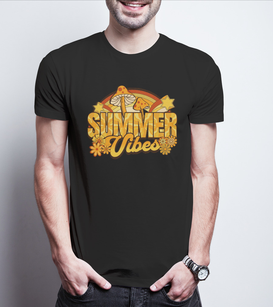 Groovy Summer Vibes With Mushroom And Flower Rainbow T-Shirt