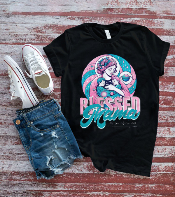 Blessed Mama Cosmic Mother With Children And Floral Halo T-Shirt