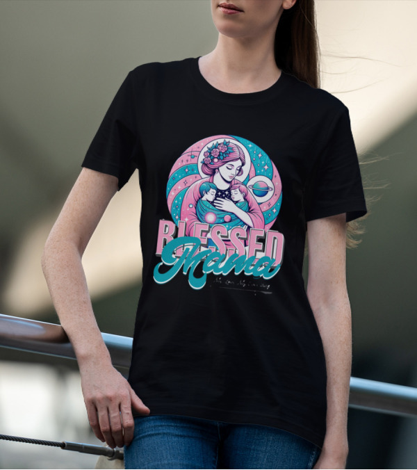 Blessed Mama Cosmic Mother With Children And Floral Halo T-Shirt