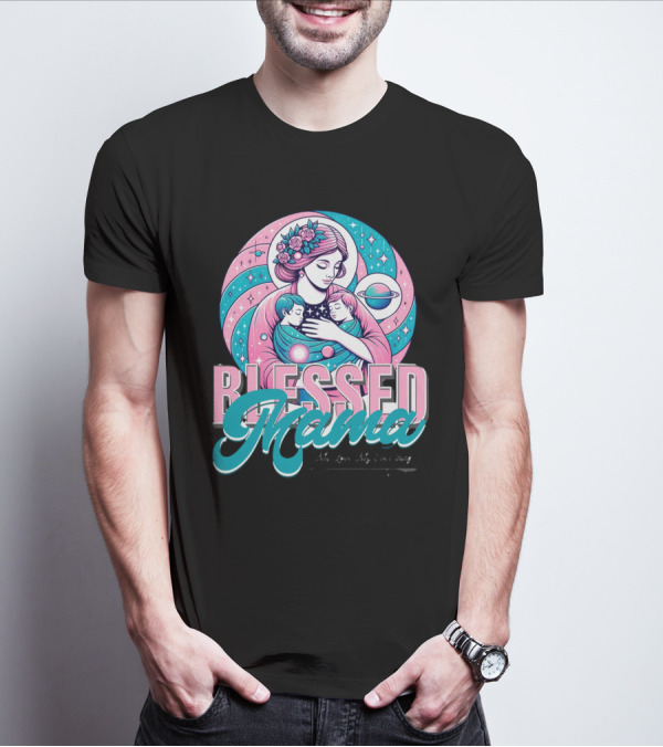 Blessed Mama Cosmic Mother With Children And Floral Halo T-Shirt