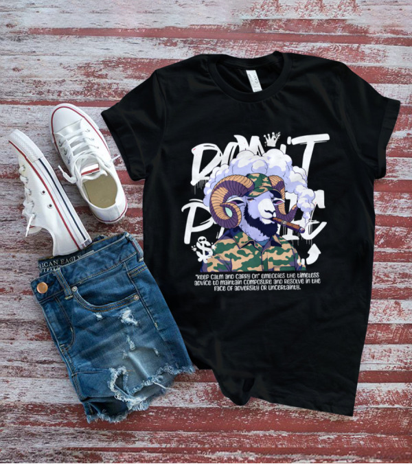 Don't Panic Keep Calm And Carry On Ram With Camo And Cigar T-Shirt