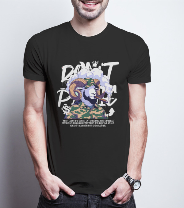 Don't Panic Keep Calm And Carry On Ram With Camo And Cigar T-Shirt