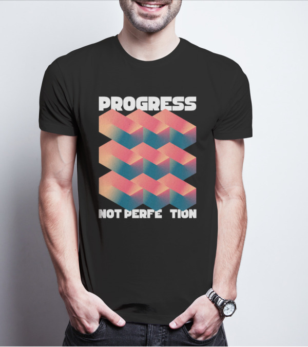 PROGRESS NOT PERFECTION Geometric Illusion 3D Blocks T-Shirt