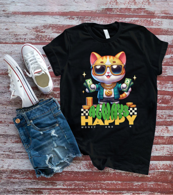 Always Happy Money And Fun Cool Cat With Sunglasses And Cash T-Shirt