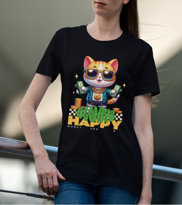 Always Happy Money And Fun Cool Cat With Sunglasses And Cash T-Shirt