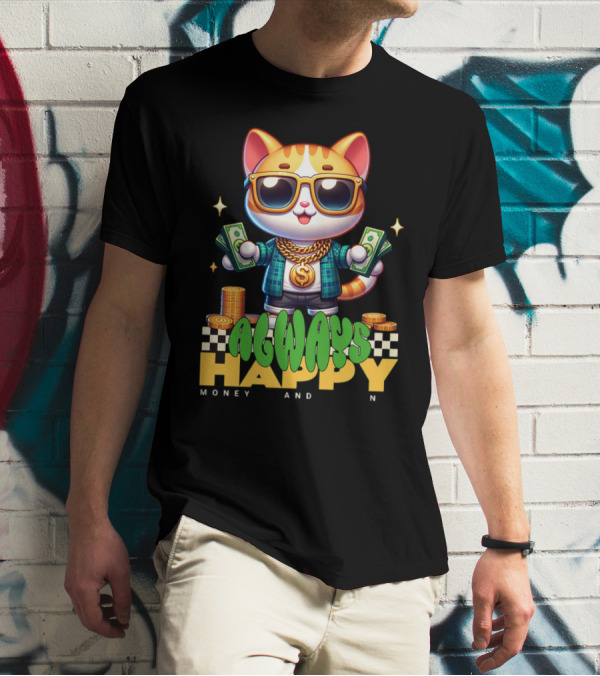 Always Happy Money And Fun Cool Cat With Sunglasses And Cash T-Shirt
