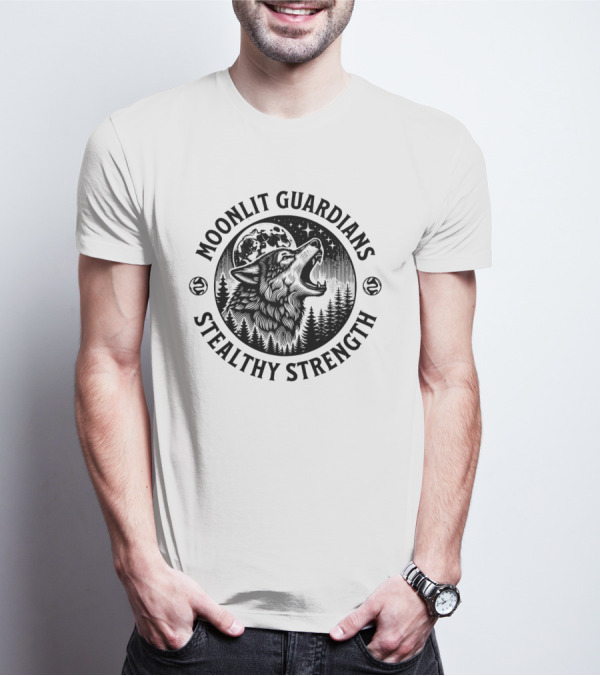 Moonlit Guardians Stealthy Strength Wolf Under Moon And Stars T-Shirt