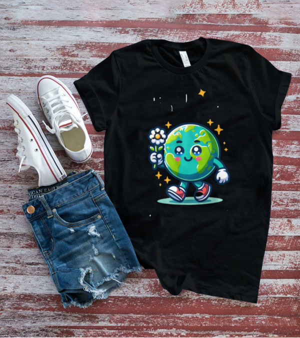 Be Kind To Our Planet And To Others Cute Earth Character With Flower And Stars T-Shirt