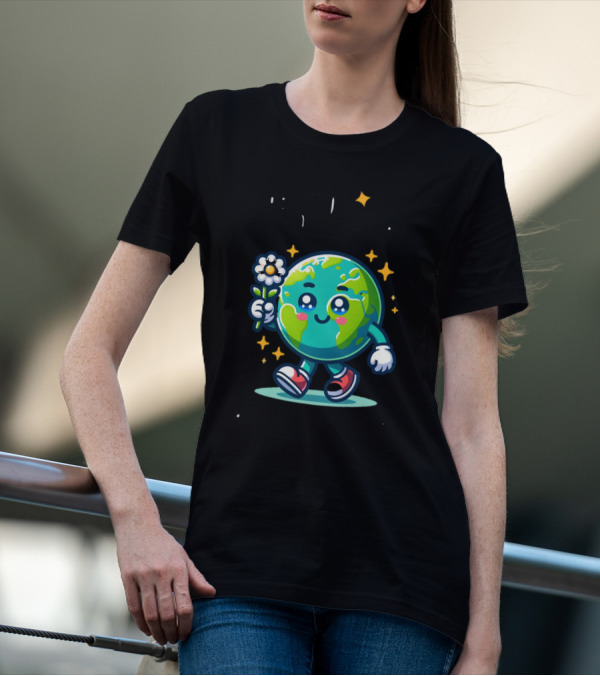 Be Kind To Our Planet And To Others Cute Earth Character With Flower And Stars T-Shirt