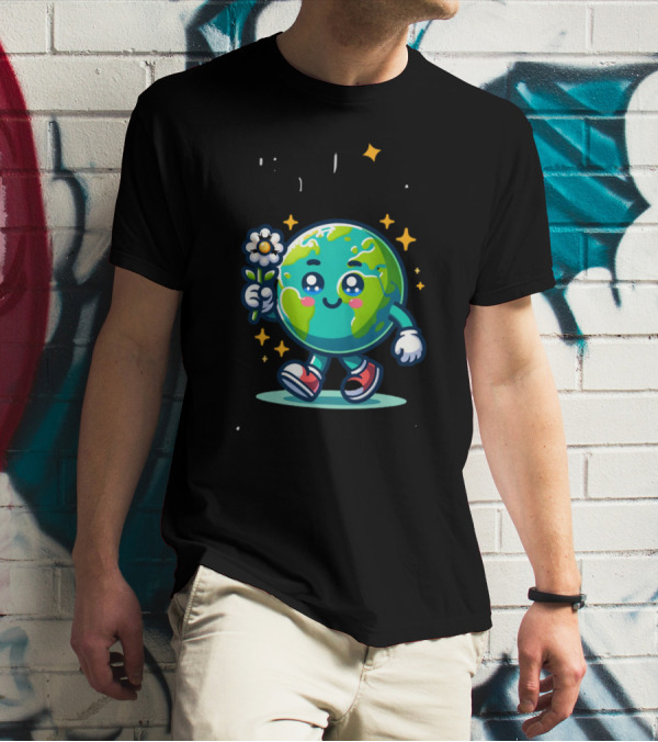 Be Kind To Our Planet And To Others Cute Earth Character With Flower And Stars T-Shirt