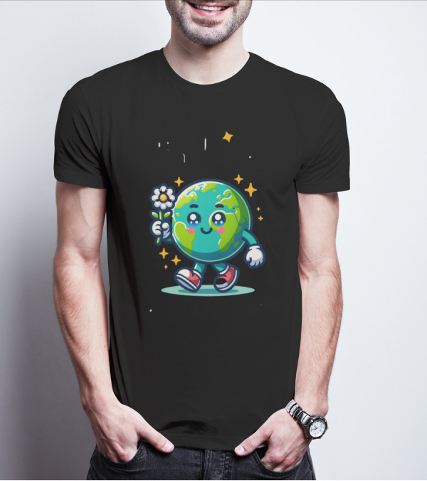 Be Kind To Our Planet And To Others Cute Earth Character With Flower And Stars T-Shirt