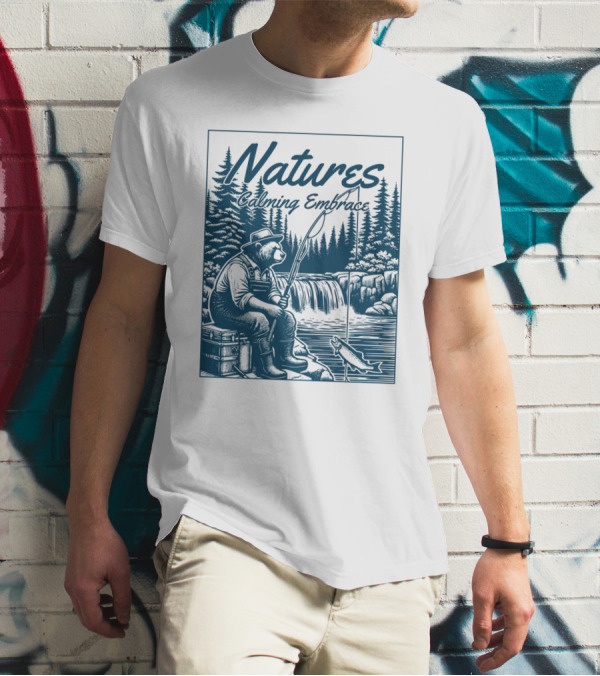 Natures Calming Embrace Bear Fishing By Waterfall T-Shirt