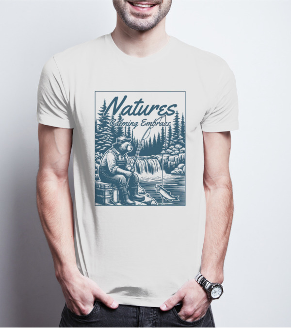 Natures Calming Embrace Bear Fishing By Waterfall T-Shirt