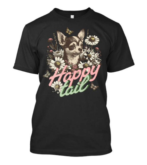Chihuahua Dog Happy Tail Among Vintage Flowers With Butterflies T-Shirt