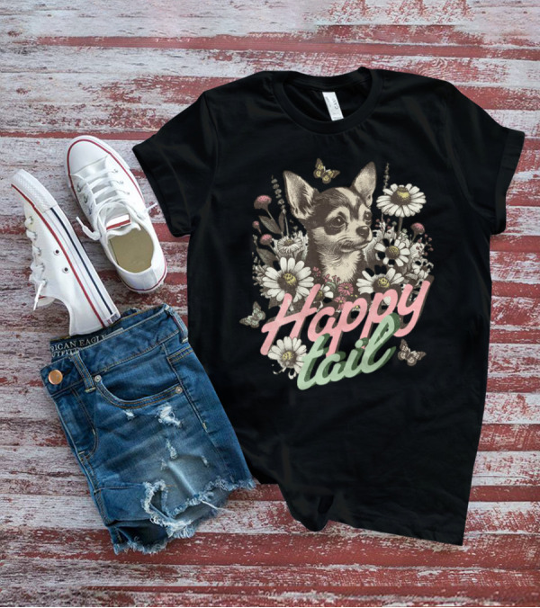 Chihuahua Dog Happy Tail Among Vintage Flowers With Butterflies T-Shirt