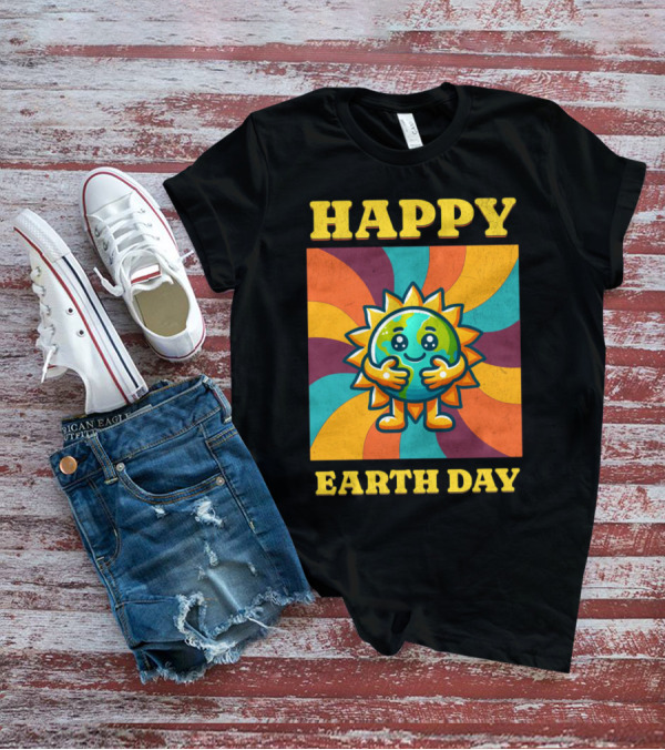 Hugging Earth Sunburst Happy Earth Day Multicolor Retro Spiral T-Shirt