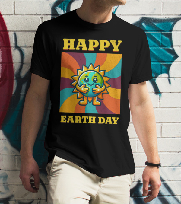 Hugging Earth Sunburst Happy Earth Day Multicolor Retro Spiral T-Shirt