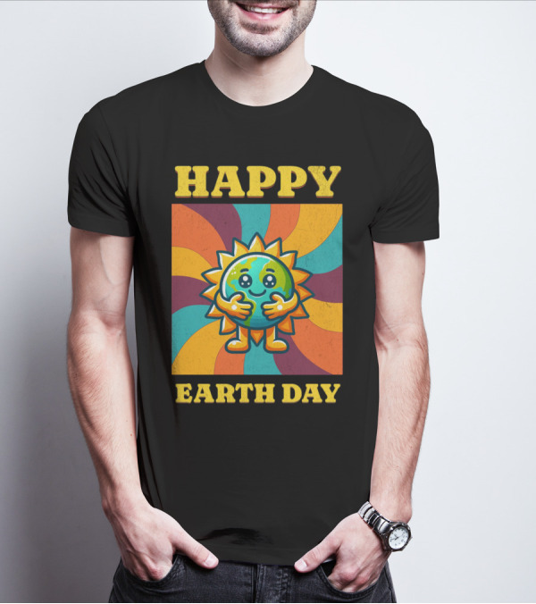 Hugging Earth Sunburst Happy Earth Day Multicolor Retro Spiral T-Shirt