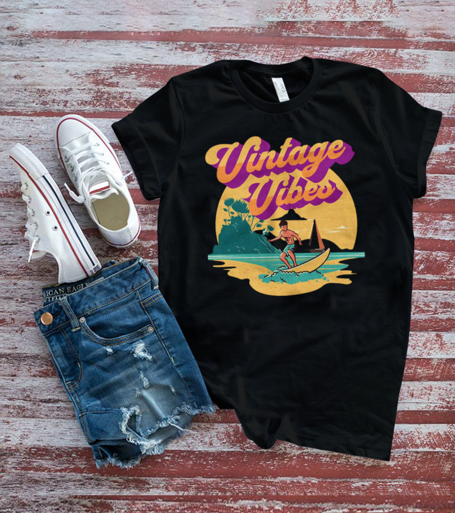 Vintage Vibes Retro Surfing Adventure Sunset Scene T-Shirt