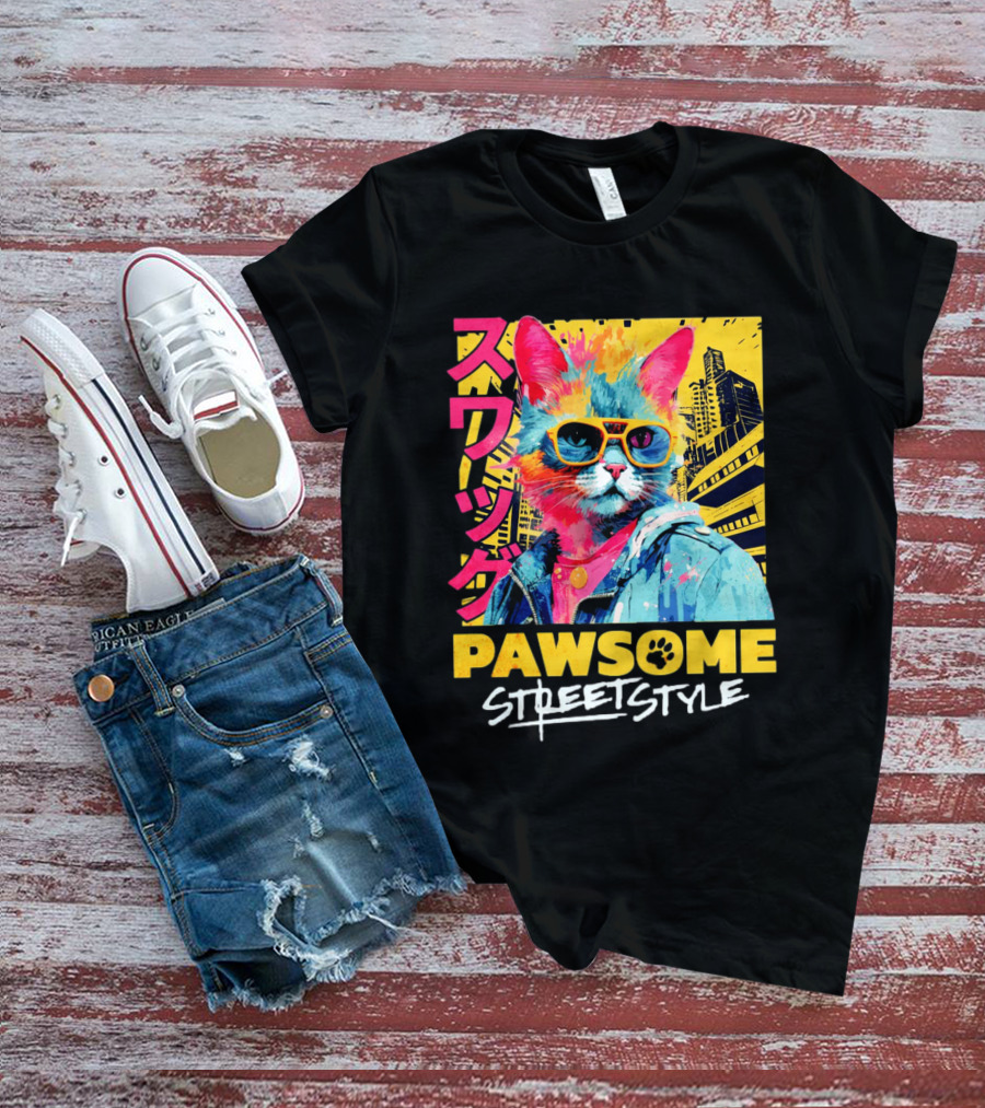 Pawsome Streetstyle Cat With Jacket And Sunglasses Urban Cityscape T-Shirt