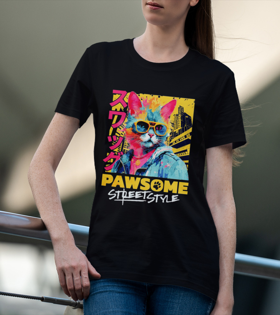 Pawsome Streetstyle Cat With Jacket And Sunglasses Urban Cityscape T-Shirt