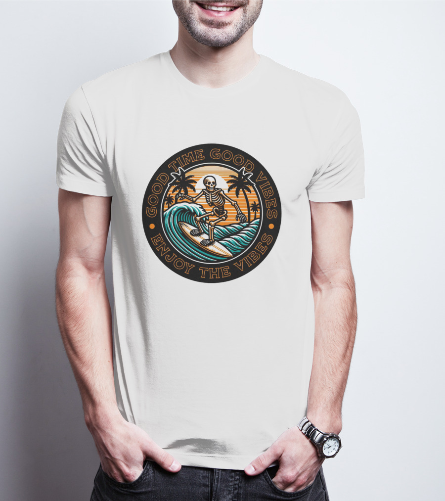 Good Time Good Vibes Enjoy The Vibes Surfer Skeleton Palm Trees Sunset Ocean Waves T-Shirt