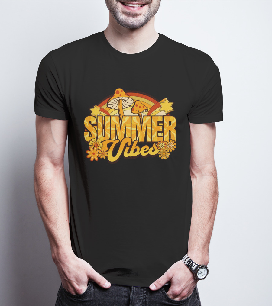 Summer Vibes Groovy Hippie Mushrooms And Flowers Retro Starburst T-Shirt