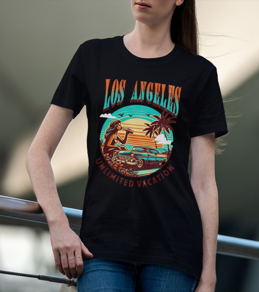 Los Angeles Unlimited Vacation Classic Car Palm Trees Sunset Vibes T-Shirt