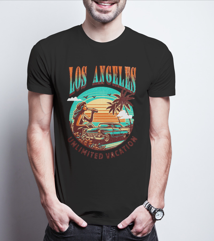 Los Angeles Unlimited Vacation Classic Car Palm Trees Sunset Vibes T-Shirt