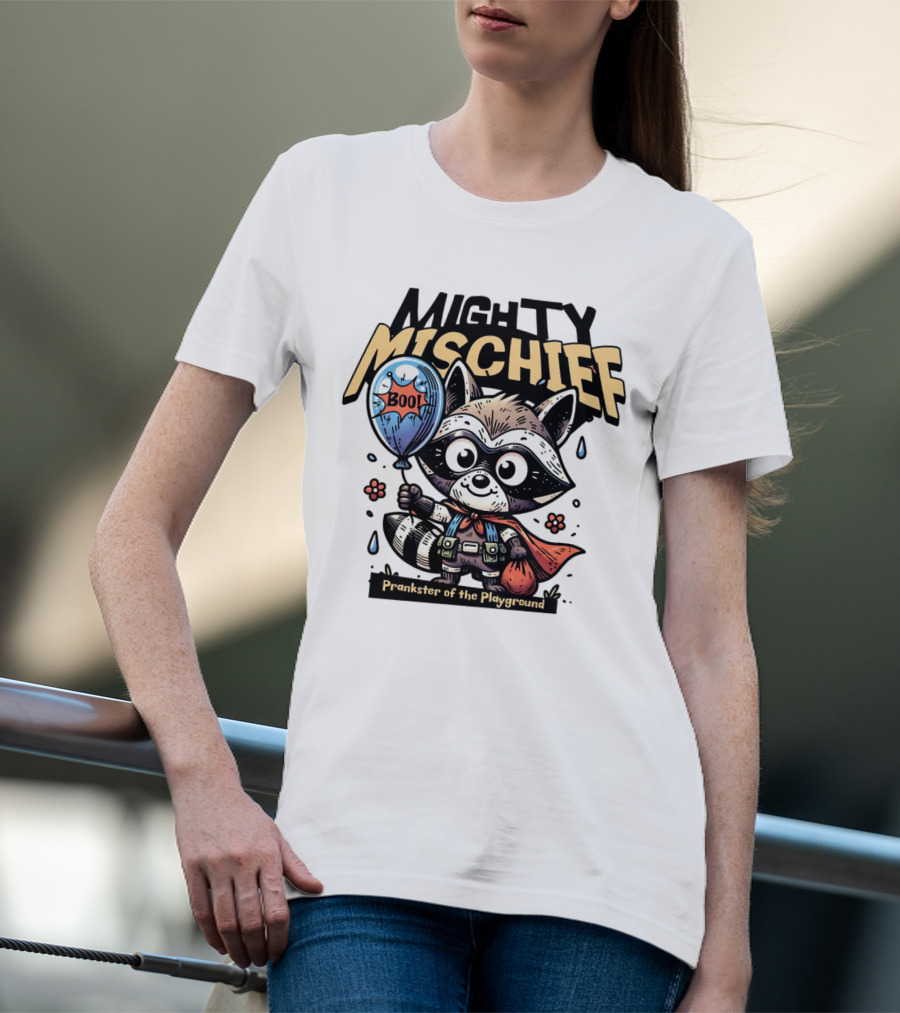 Mighty Mischief Raccoon With Boo Balloon Prankster Of The Playground T-Shirt