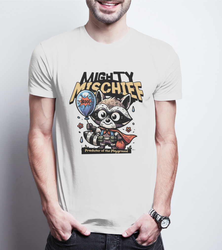 Mighty Mischief Raccoon With Boo Balloon Prankster Of The Playground T-Shirt