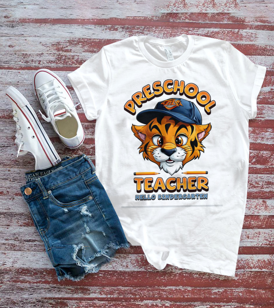 Preschool Teacher Tiger Mascot Hello Kindergarten Back To School T-Shirt
