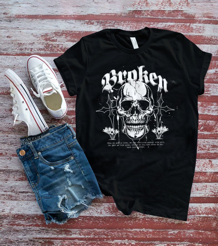 Broken Skull With Gothic Text And Crosses T-Shirt