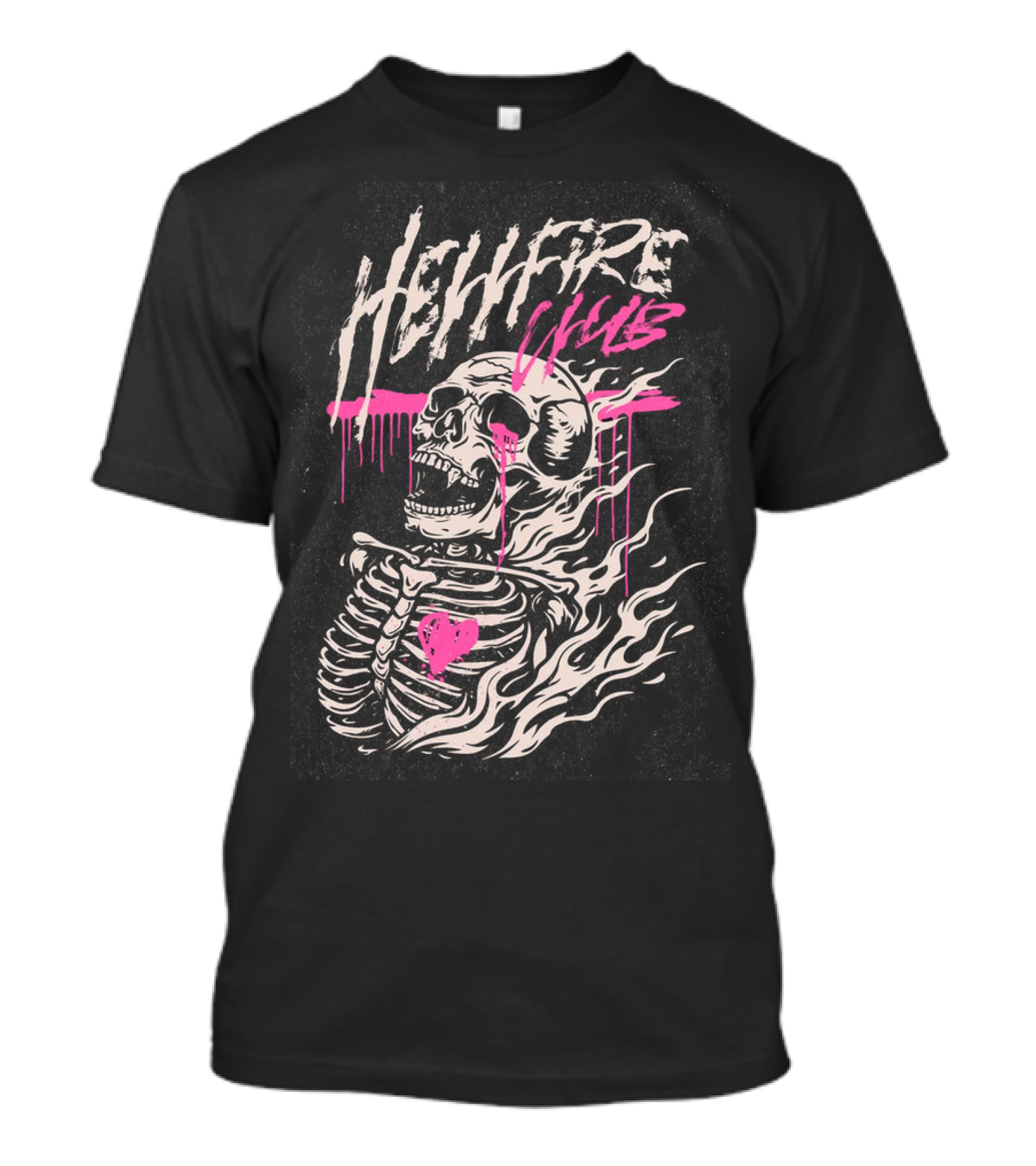 Hellfire Club Skeleton With Flames And Pink Heart Accents T-Shirt