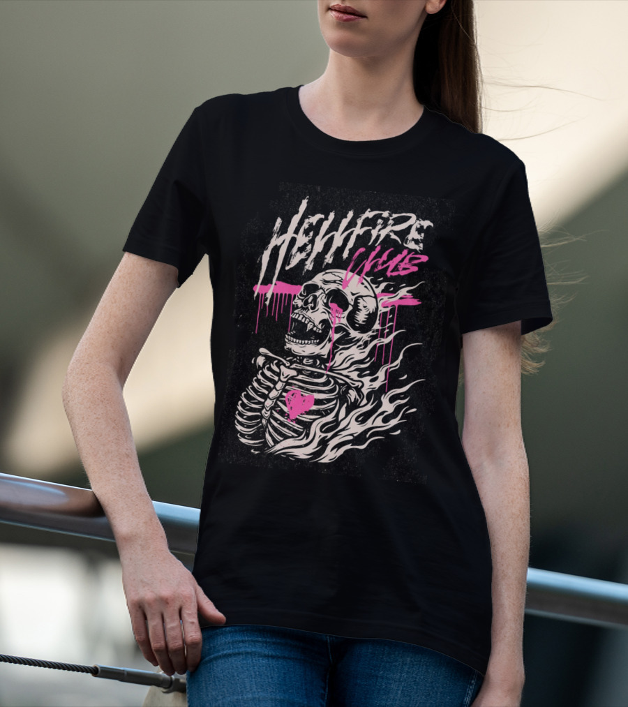 Hellfire Club Skeleton With Flames And Pink Heart Accents T-Shirt