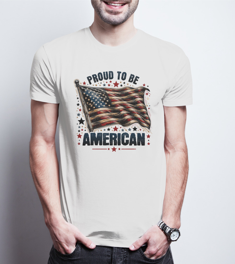 Proud To Be American Waving Stars And Stripes Surrounded By Red And Black Stars T-Shirt