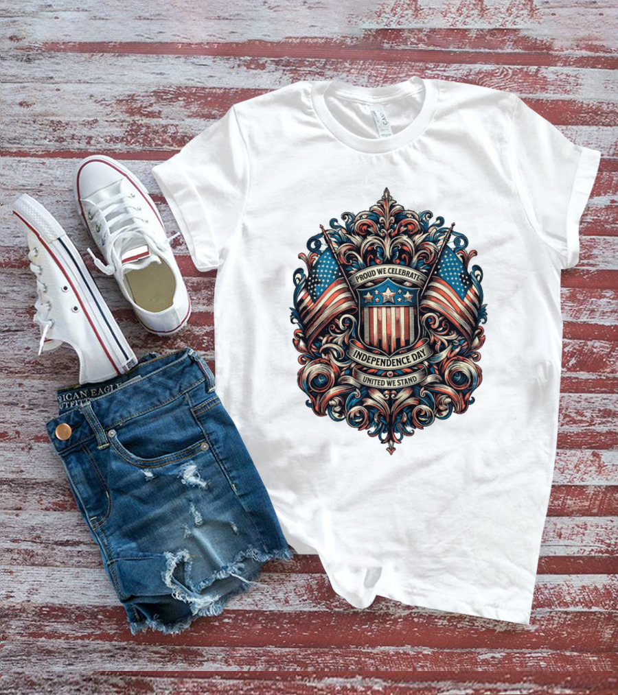 Proud We Celebrate Independence Day United We Stand American Flag Shield Ornamental T-Shirt