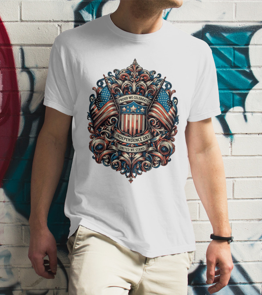 Proud We Celebrate Independence Day United We Stand American Flag Shield Ornamental T-Shirt