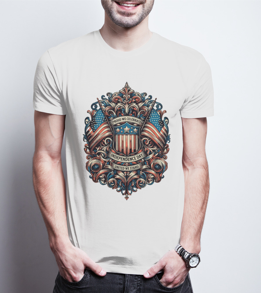 Proud We Celebrate Independence Day United We Stand American Flag Shield Ornamental T-Shirt