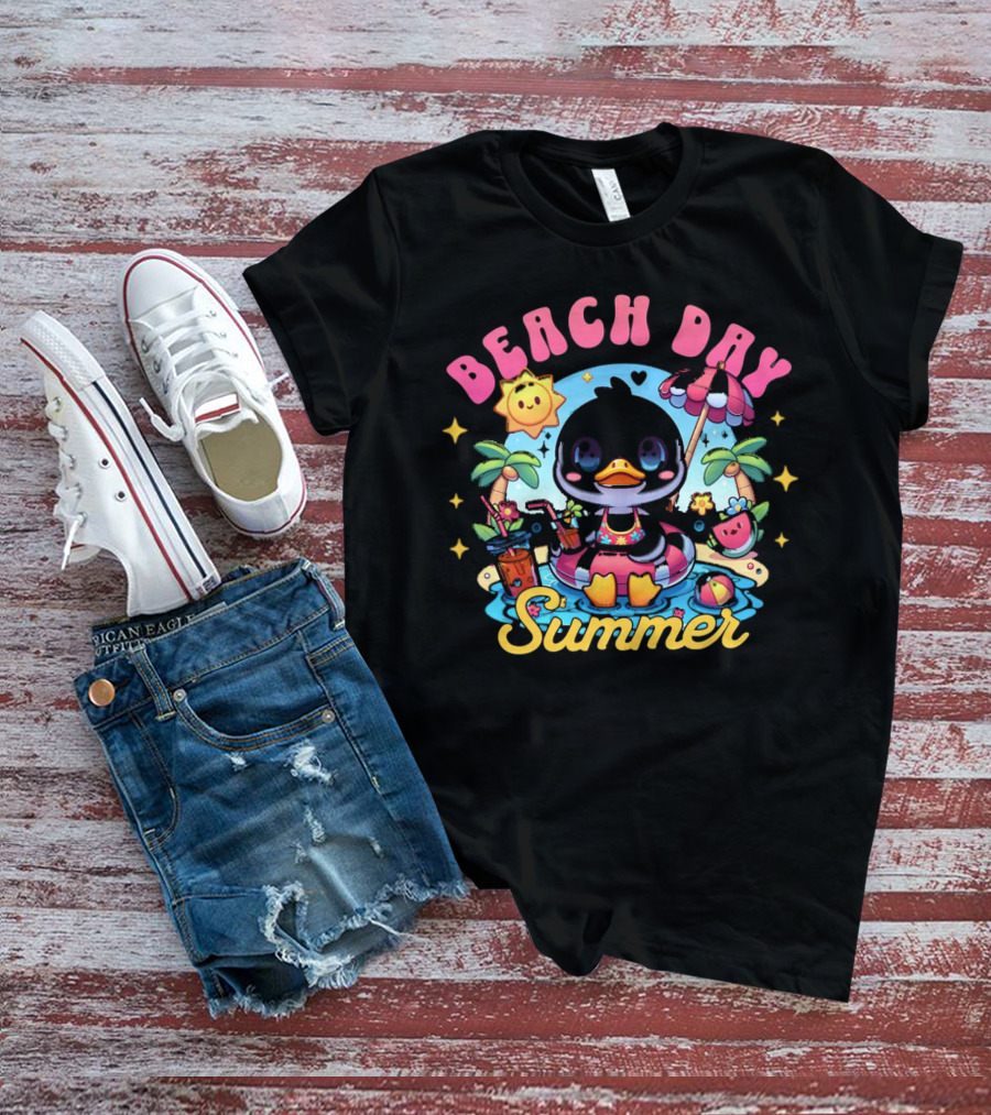 Beach Day Summer Happy Times Good Sunshine Duck In Pool With Palm Trees And Watermelon T-Shirt