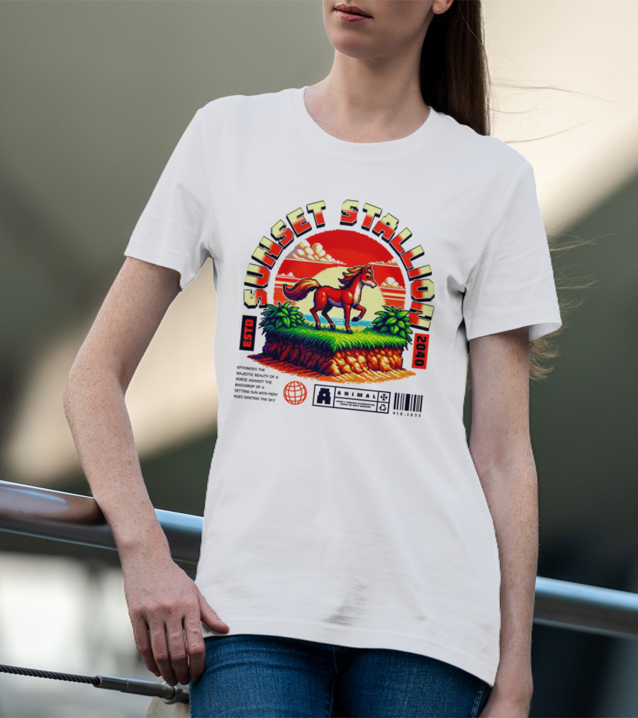 Sunset Stallion 2040 ESTO Animal Epic Epitome Horse Setting Sun Fiery Sky T-Shirt