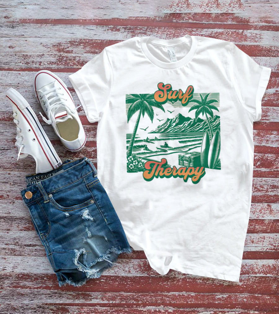 Surf Therapy Tropical Beach Scene With Palm Trees And Surfboards T-Shirt