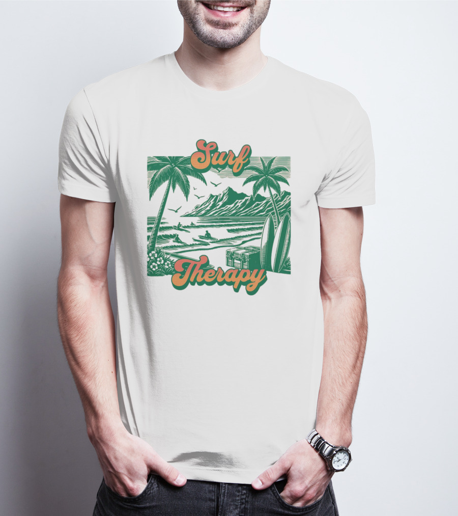 Surf Therapy Tropical Beach Scene With Palm Trees And Surfboards T-Shirt