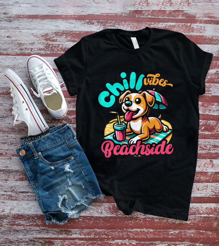 Chill Vibes Beachside Relaxing Dog With Umbrella And Drink T-Shirt