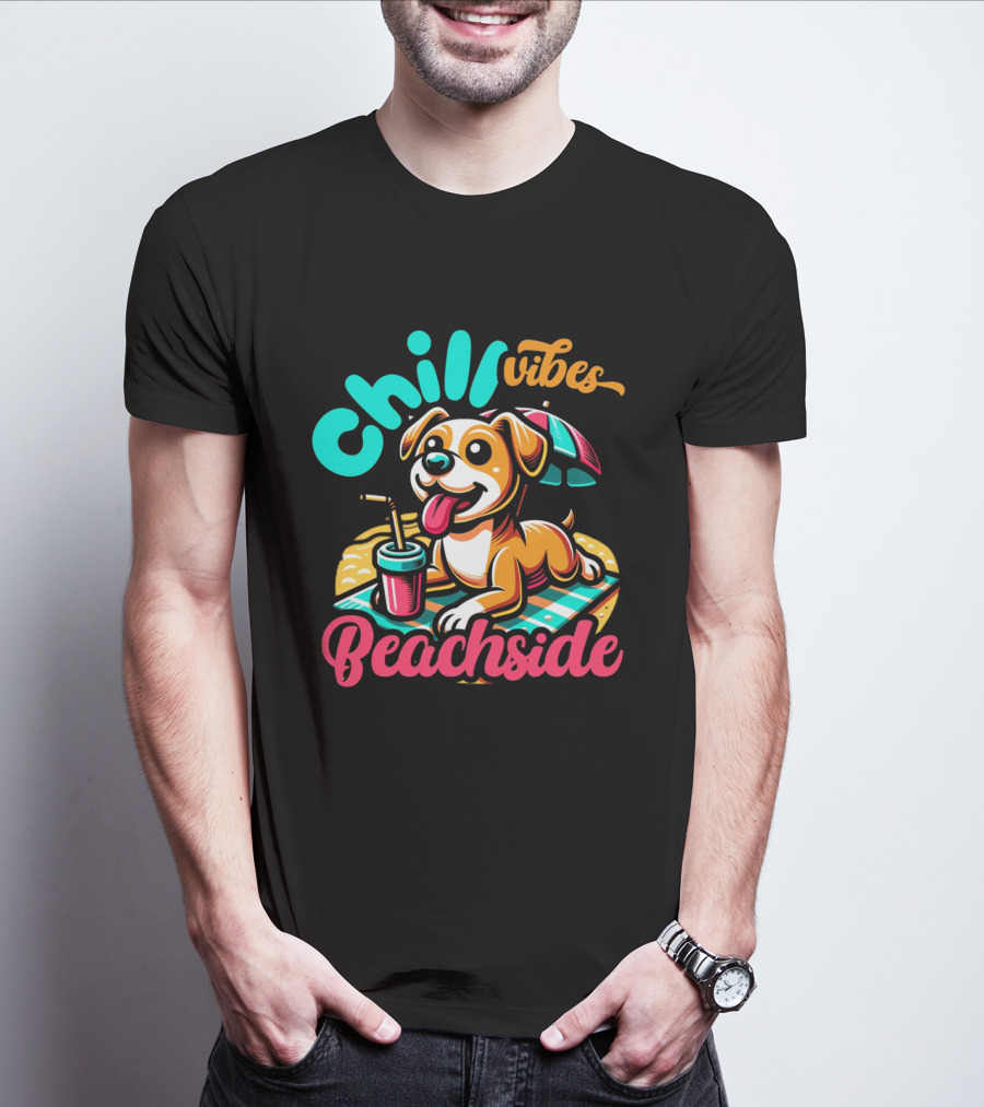Chill Vibes Beachside Relaxing Dog With Umbrella And Drink T-Shirt
