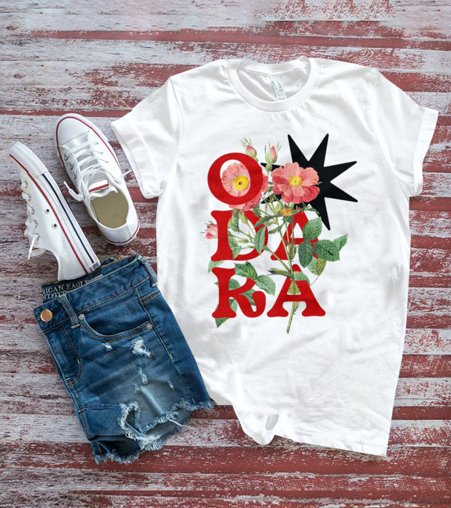 ODARA Bold Floral Art With Red Letters And Pink Flowers T-Shirt