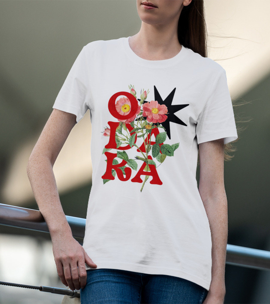 ODARA Bold Floral Art With Red Letters And Pink Flowers T-Shirt