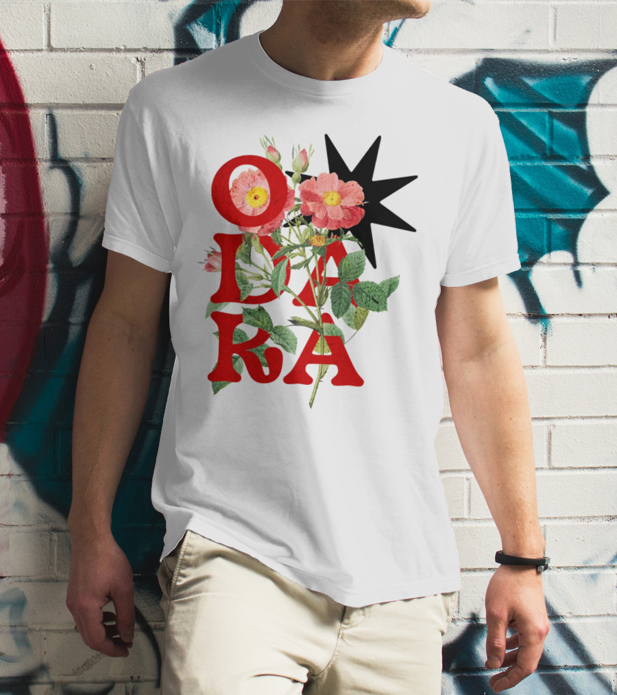 ODARA Bold Floral Art With Red Letters And Pink Flowers T-Shirt