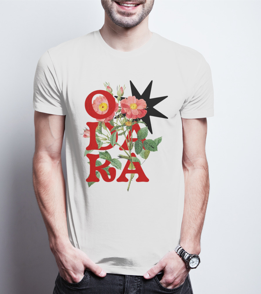 ODARA Bold Floral Art With Red Letters And Pink Flowers T-Shirt